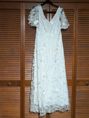 Elegant White Floral Lace Wedding Engagement Rehear Dress Flutter Sleeves 3X
